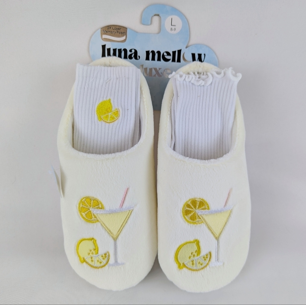 Slippers Lemon Drop Martini Embroidery Faux Fur Slip On Ivory L (8-9) NWT - Picture 9 of 13